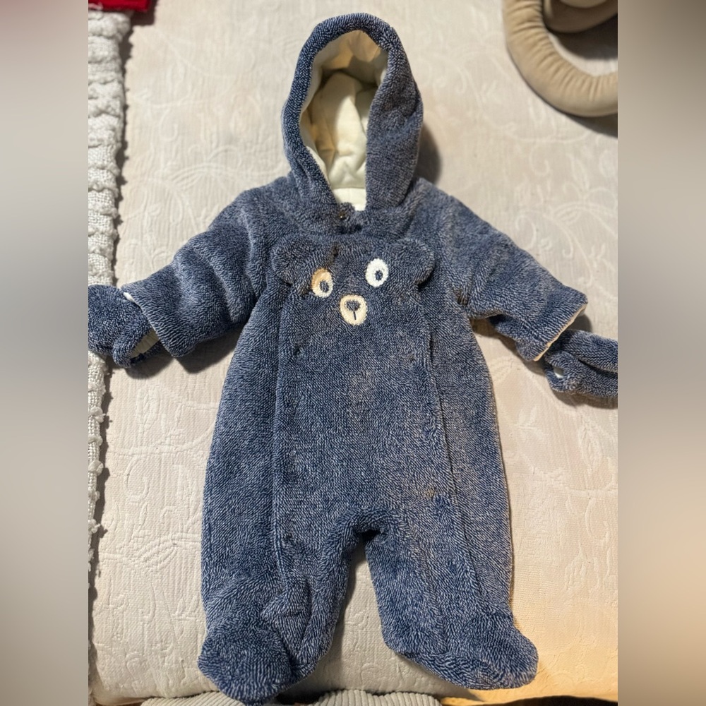 Blue and Cream Hooded Footie One Piece